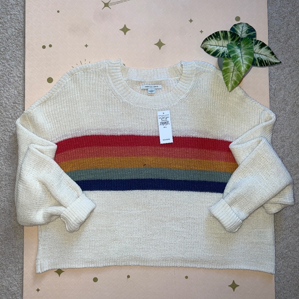 American Eagle Rainbow Striped Knit Crew Neck Pull Over Cropped Sweater - Large